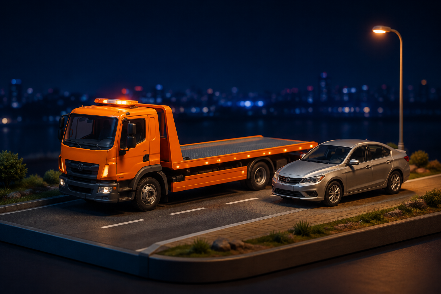 橙色平板救援车与银灰色轿车的道路救援示意插画